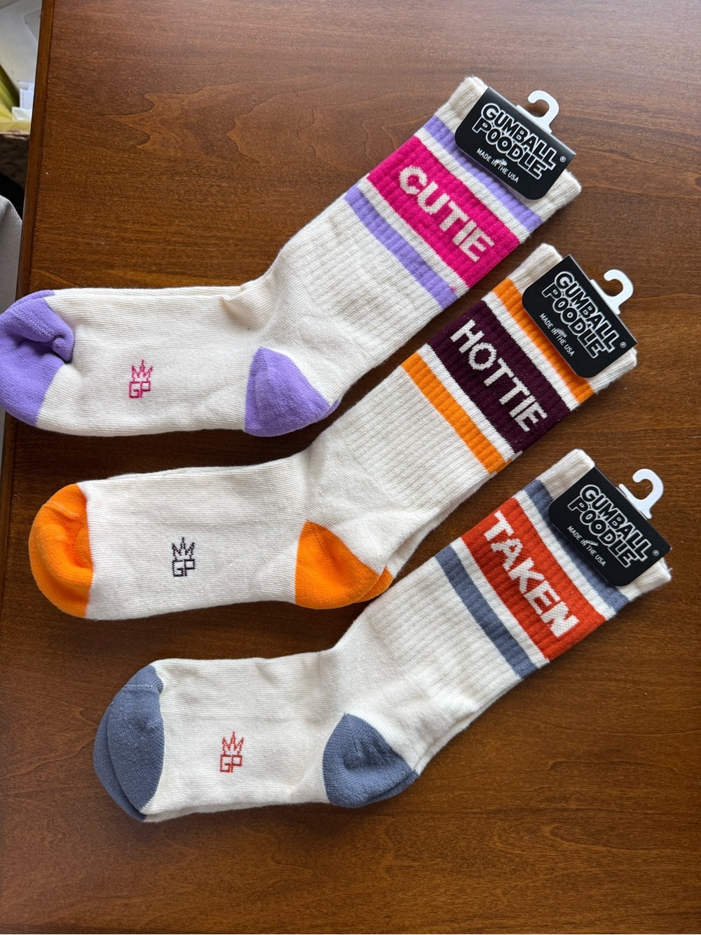 Men’s Crew Socks - Cutie Hottie Taken - Cream with Pink, Orange, Gray Accents